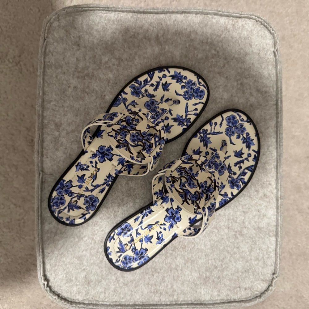 Tory Burch Floral Blue and White Sandals